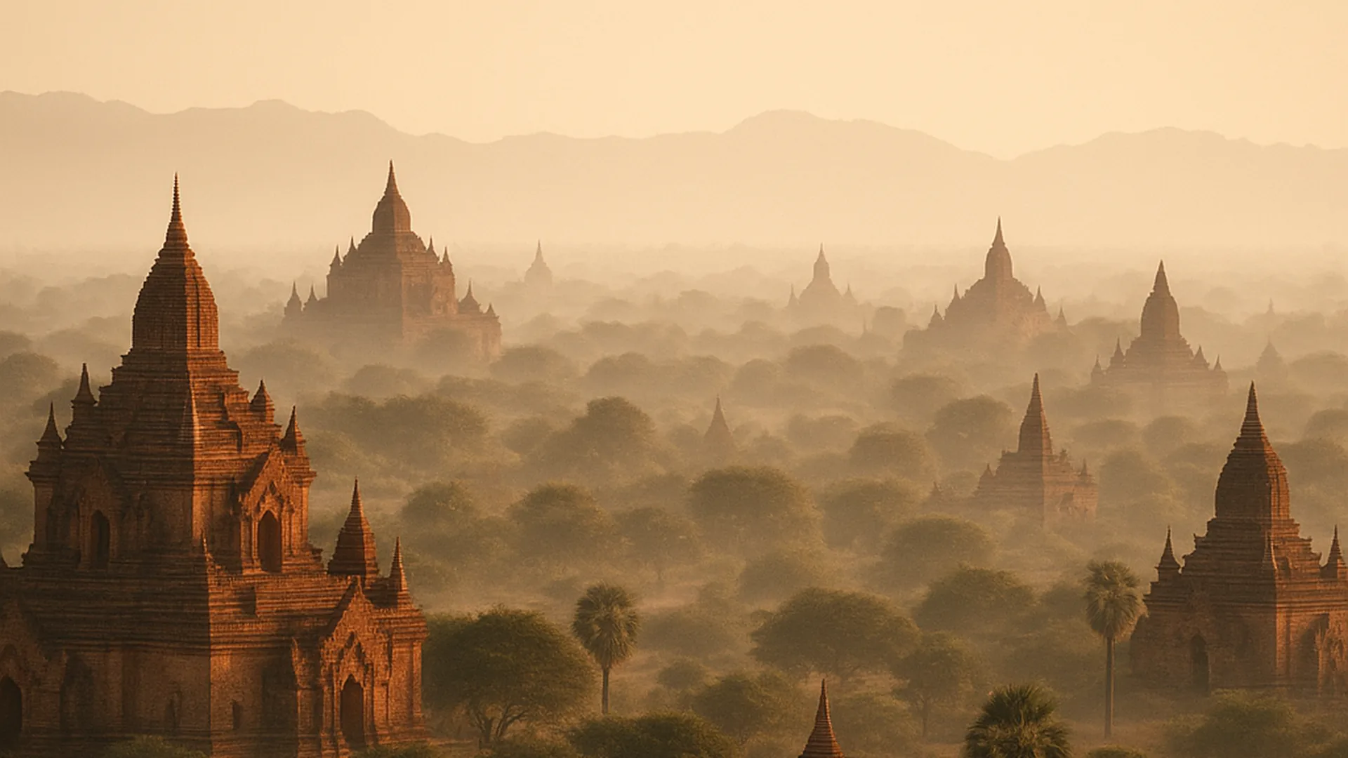Temples de Bagan dans la brume de l'aube
