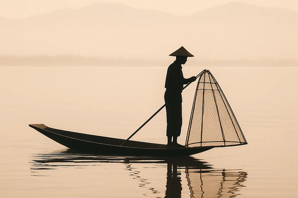 Silhouette d'un pêcheur intha sur le lac Inle au petit matin